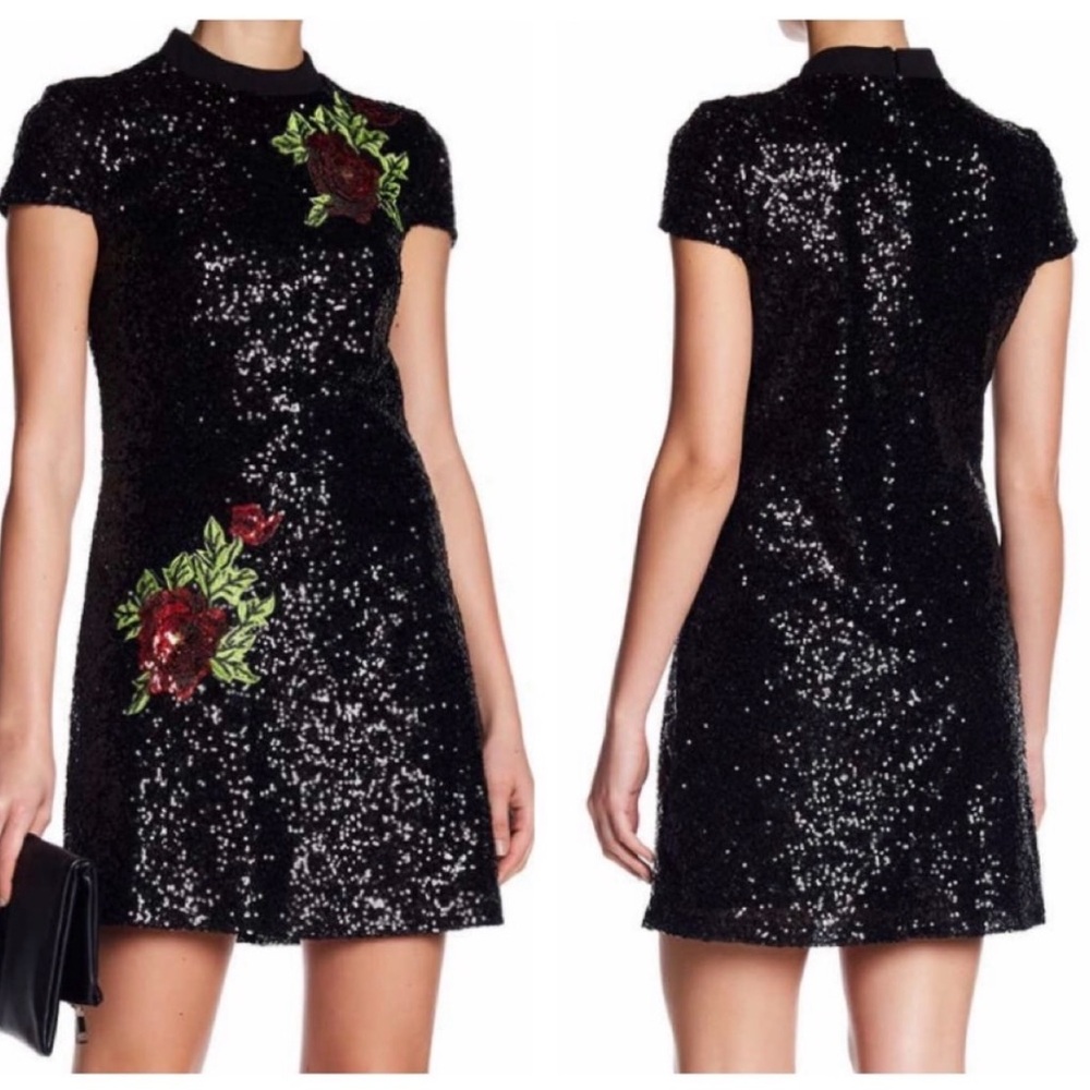 Bebe Black Sequin Floral Accent Mock Neck Dress
